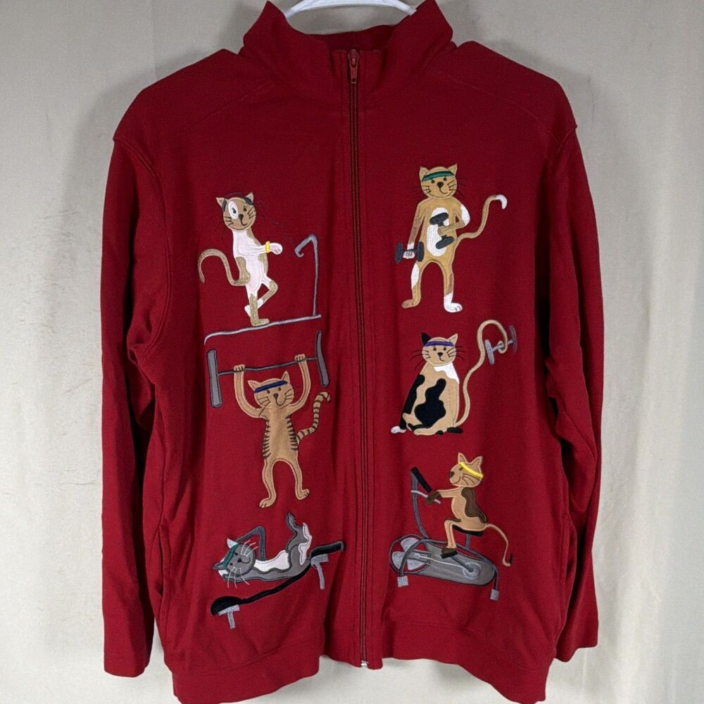 Vintage Bechamel Womens M Red Embroidered Exercise Cats Full Zip Jacket